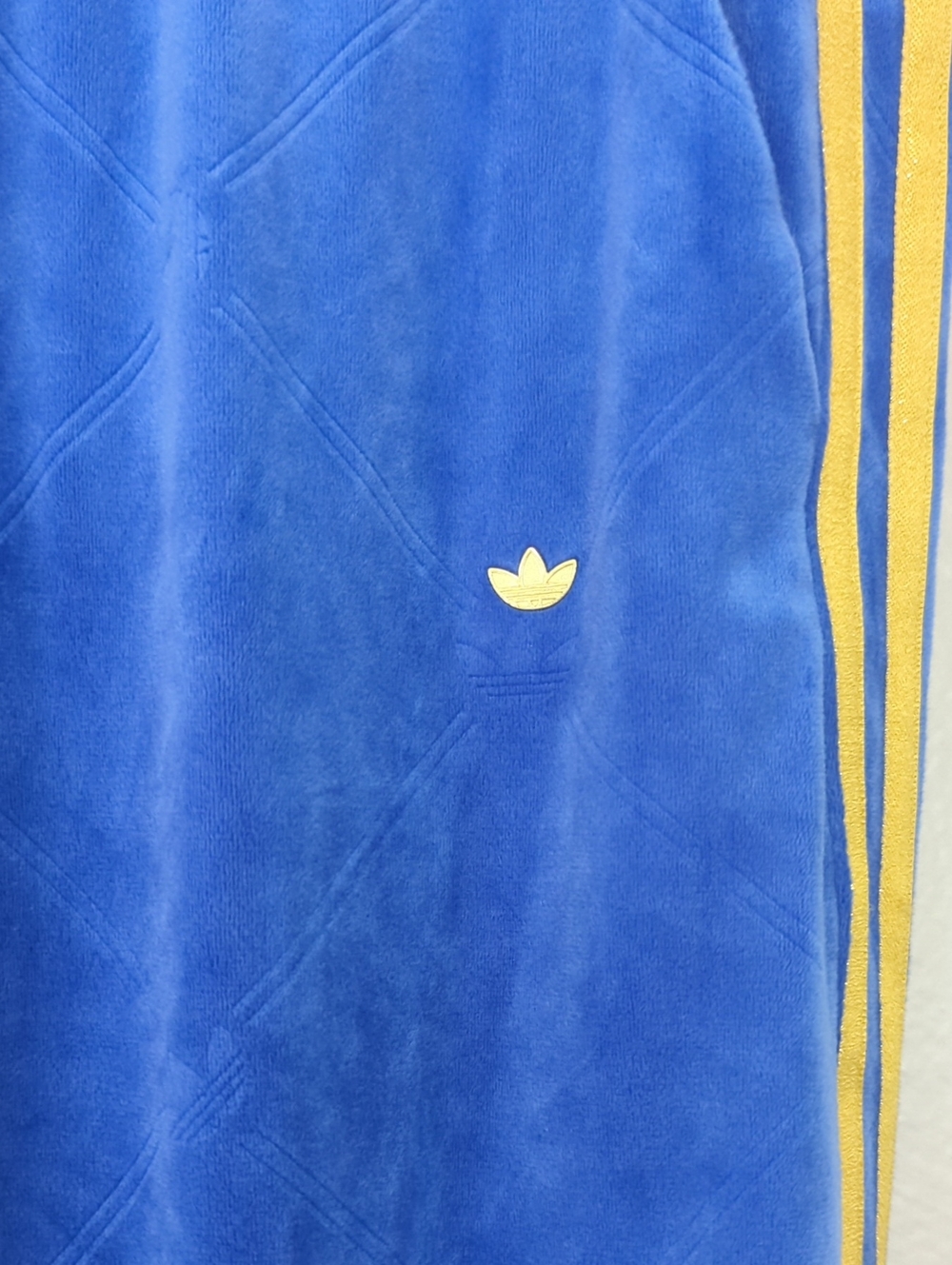ADIDAS Primegreen Embossed Velvet Track Pants Three Stripe Blue and Gold Small S - Picture 2 of 10